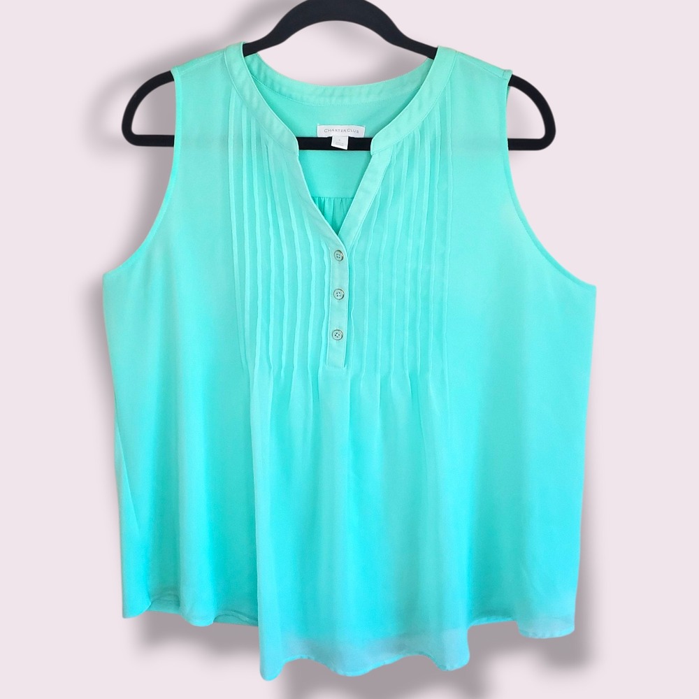 Charter Club Womens Teal Pleated V Neck Button Front Sleeveless Top Size L - Picture 1 of 4